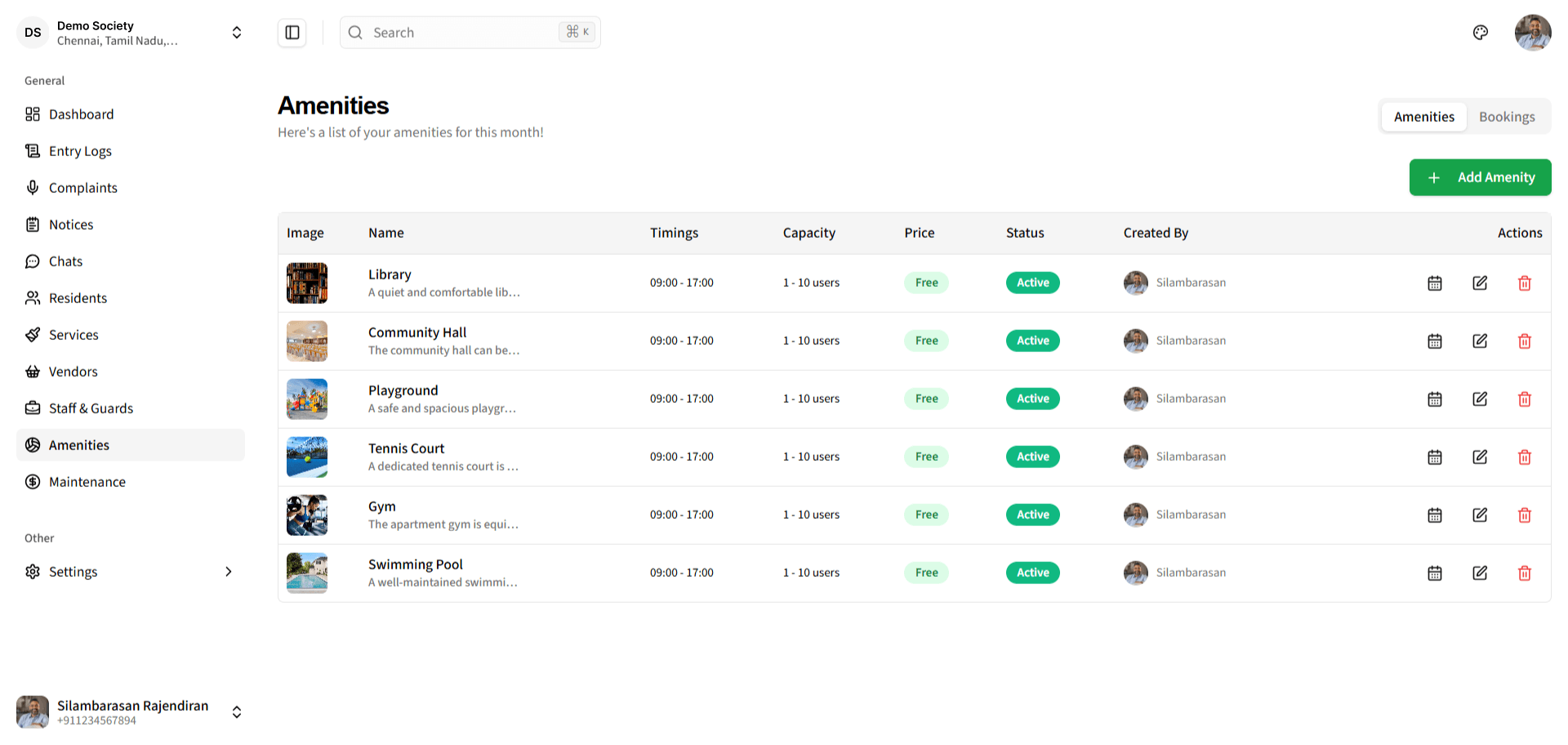 Amenities Dashboard